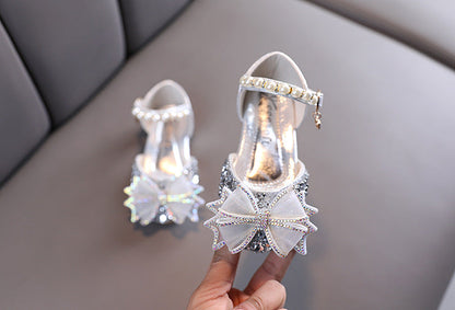 Sparkly Block Heel Girls' Party Shoes with Rhinestone and Pearl Bow