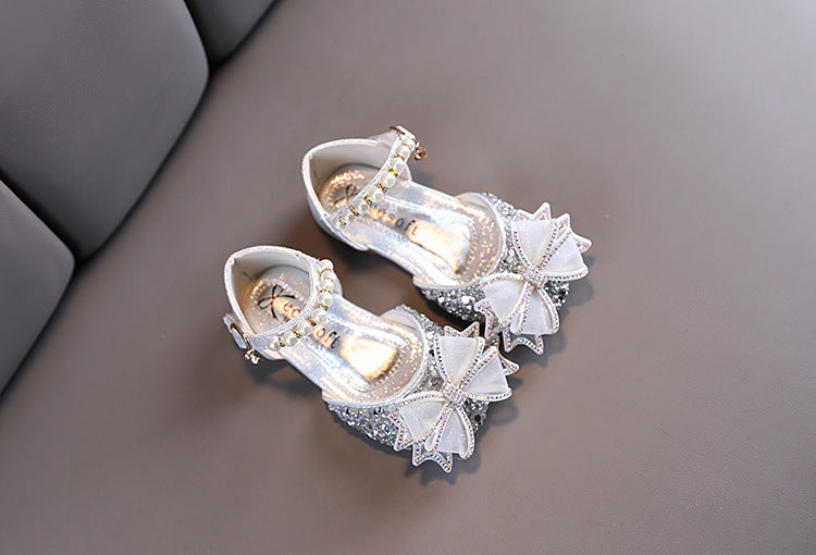 Sparkly Block Heel Girls' Party Shoes with Rhinestone and Pearl Bow
