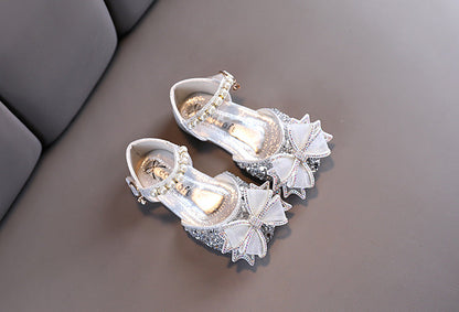 Sparkly Block Heel Girls' Party Shoes with Rhinestone and Pearl Bow