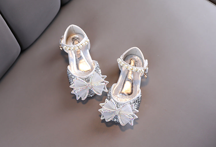 Sparkly Block Heel Girls' Party Shoes with Rhinestone and Pearl Bow