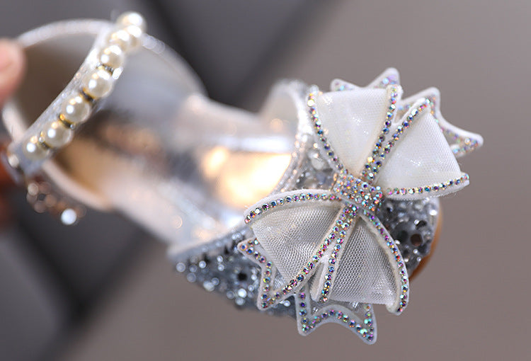 Sparkly Block Heel Girls' Party Shoes with Rhinestone and Pearl Bow