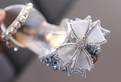 Sparkly Block Heel Girls' Party Shoes with Rhinestone and Pearl Bow