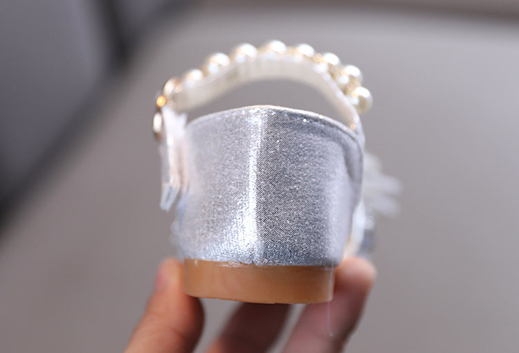 Sparkly Block Heel Girls' Party Shoes with Rhinestone and Pearl Bow