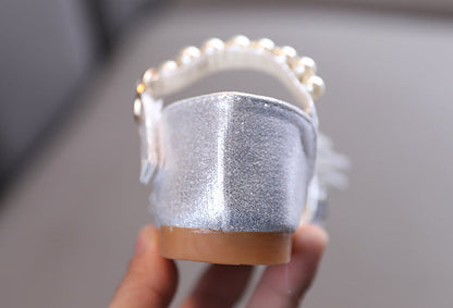 Sparkly Block Heel Girls' Party Shoes with Rhinestone and Pearl Bow