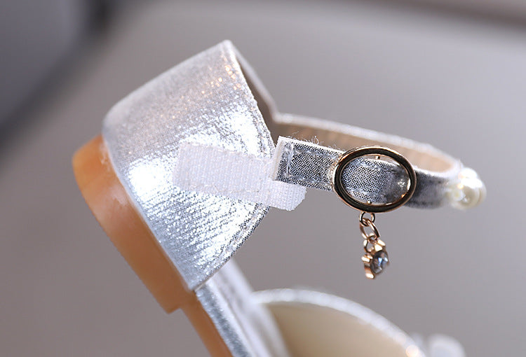 Sparkly Block Heel Girls' Party Shoes with Rhinestone and Pearl Bow