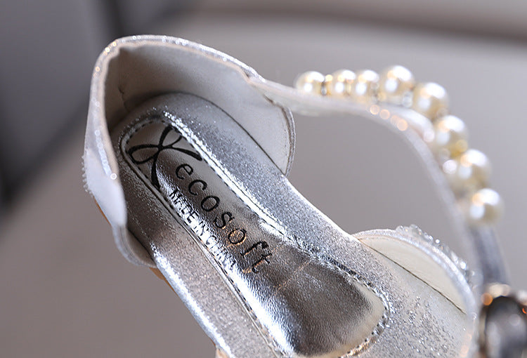 Sparkly Block Heel Girls' Party Shoes with Rhinestone and Pearl Bow