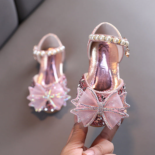 Sparkly Block Heel Girls' Party Shoes with Rhinestone and Pearl Bow