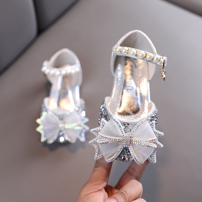 Sparkly Block Heel Girls' Party Shoes with Rhinestone and Pearl Bow
