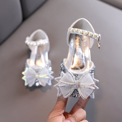 Sparkly Block Heel Girls' Party Shoes with Rhinestone and Pearl Bow