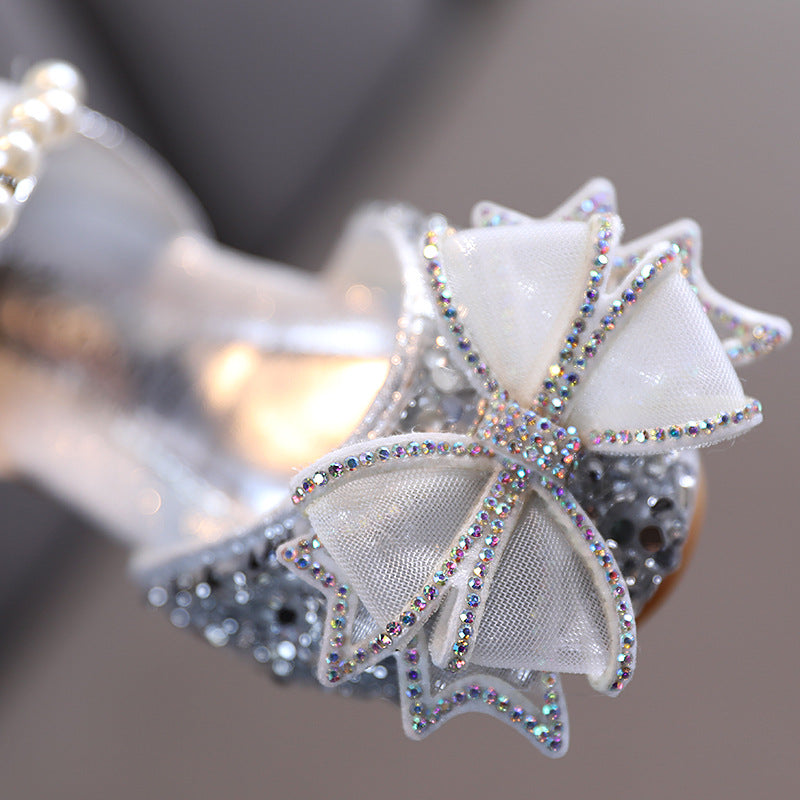 Sparkly Block Heel Girls' Party Shoes with Rhinestone and Pearl Bow