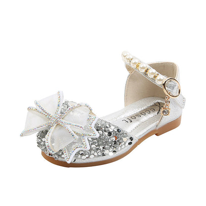 Sparkly Block Heel Girls' Party Shoes with Rhinestone and Pearl Bow