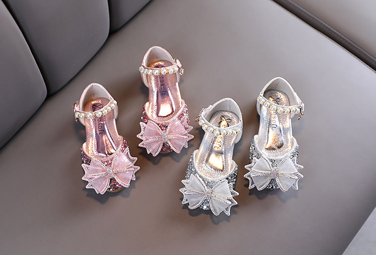 Sparkly Block Heel Girls' Party Shoes with Rhinestone and Pearl Bow