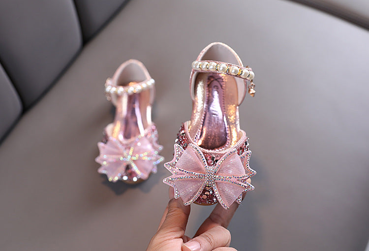 Sparkly Block Heel Girls' Party Shoes with Rhinestone and Pearl Bow