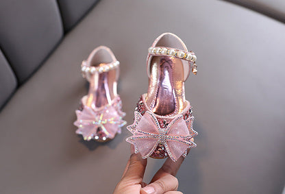 Sparkly Block Heel Girls' Party Shoes with Rhinestone and Pearl Bow