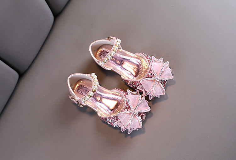 Sparkly Block Heel Girls' Party Shoes with Rhinestone and Pearl Bow