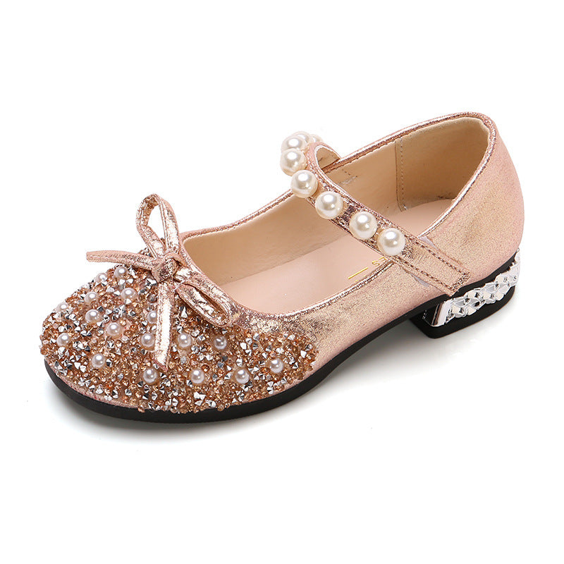 Girls Glitter Block Heel Princess Shoes – Closed Toe, Pearl & Bow Party Shoes