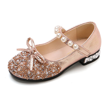 Girls Glitter Block Heel Princess Shoes – Closed Toe, Pearl & Bow Party Shoes