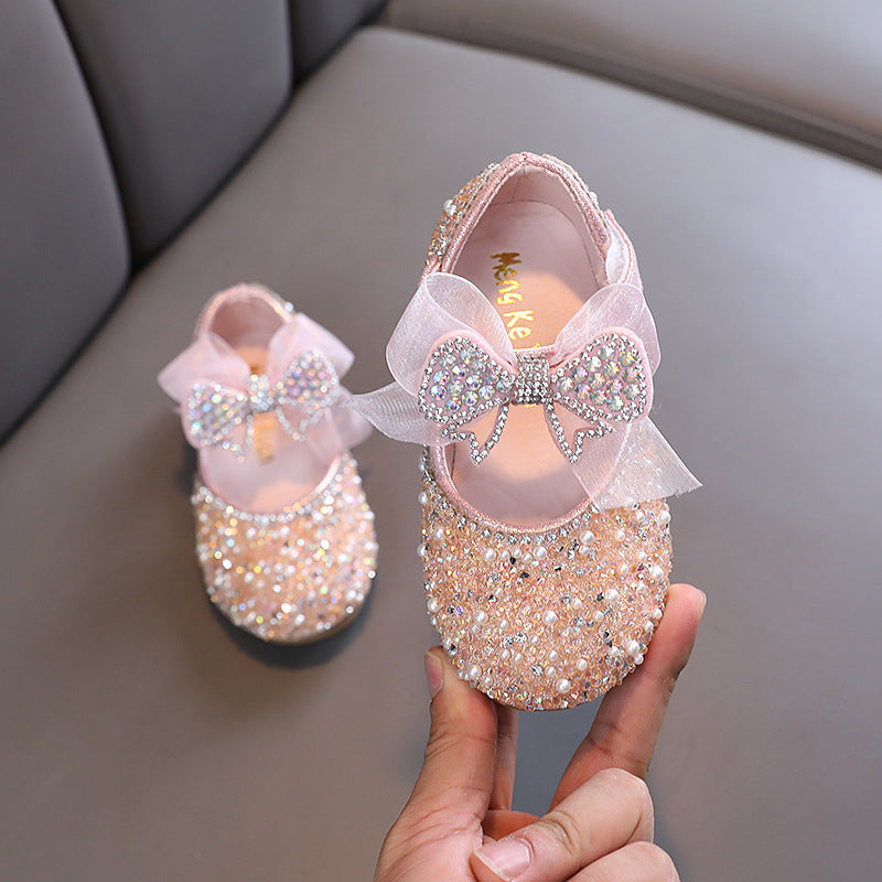 Sparkly Girls' Closed-Toe Party Shoes – Rhinestone & Bow Dress Shoes for Special Occasions