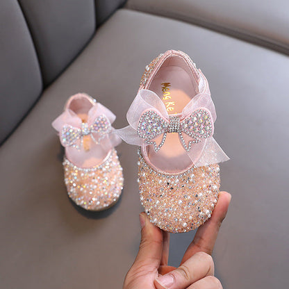 Sparkly Girls' Closed-Toe Party Shoes – Rhinestone & Bow Dress Shoes for Special Occasions