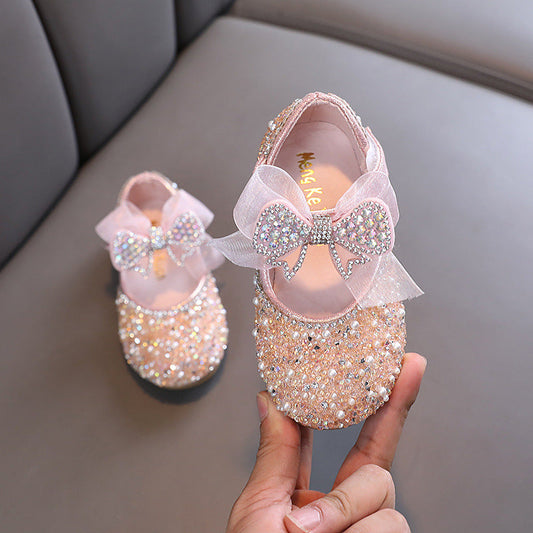 Sparkly Girls' Closed-Toe Party Shoes – Rhinestone & Bow Dress Shoes for Special Occasions