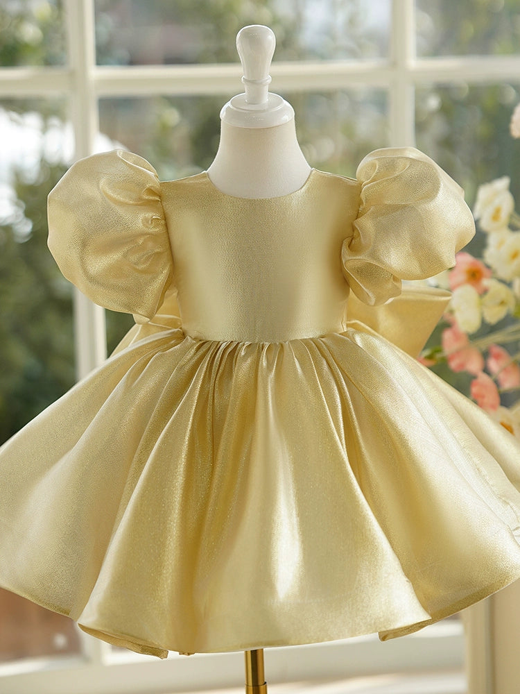 Girls' Gold Puffy Princess Ball Gown with Bow and Ruffles - Gold / 3-4 Years (110cm) - Fleur Kids Girls' Gold Puffy Princess Ball Gown with Bow and Ruffles - Gold / 3-4 Years (110cm) - Fleur Kids