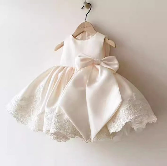 White Lace Bow A-Line Party Dress for Girls (12M-12Y) | Cute Flower Girl & Birthday Dress