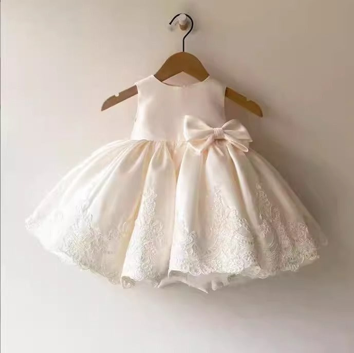 White Lace Bow A-Line Party Dress for Girls (12M-12Y) | Cute Flower Girl & Birthday Dress