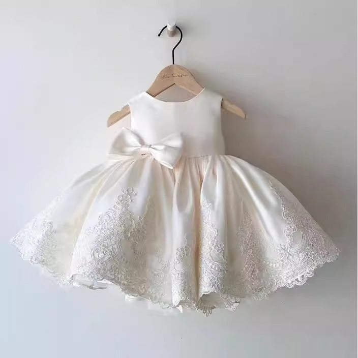White Lace Bow A-Line Party Dress for Girls (12M-12Y) | Cute Flower Girl & Birthday Dress