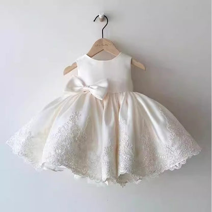 White Lace Bow A-Line Party Dress for Girls (12M-12Y) | Cute Flower Girl & Birthday Dress