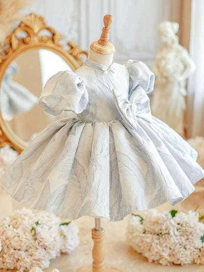 Light Blue Princess Ball Gown for Girls – Satin Flower Girl Dress with Sequins & Bows
