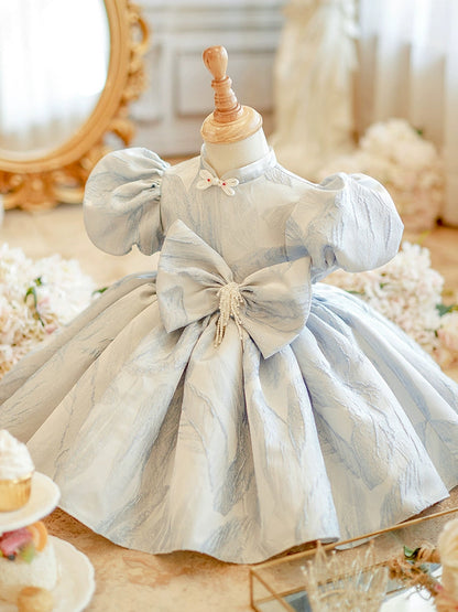 Light Blue Princess Ball Gown for Girls – Satin Flower Girl Dress with Sequins & Bows