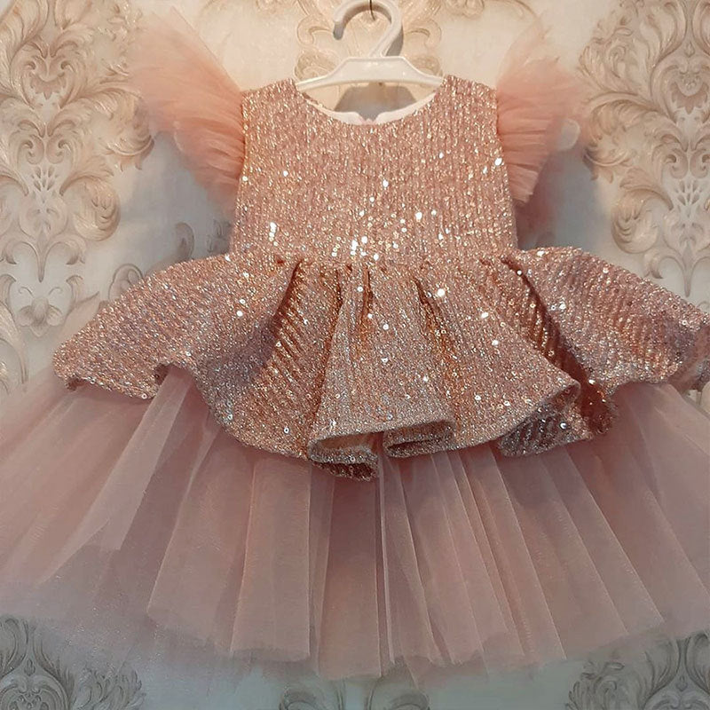 Girls Dusty Rose Sequin Princess Dress – Flower Girl & Party Wear