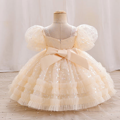 Sequin Floral Tulle Princess Dress for Girls – Party & Flower Girl Gown 2025