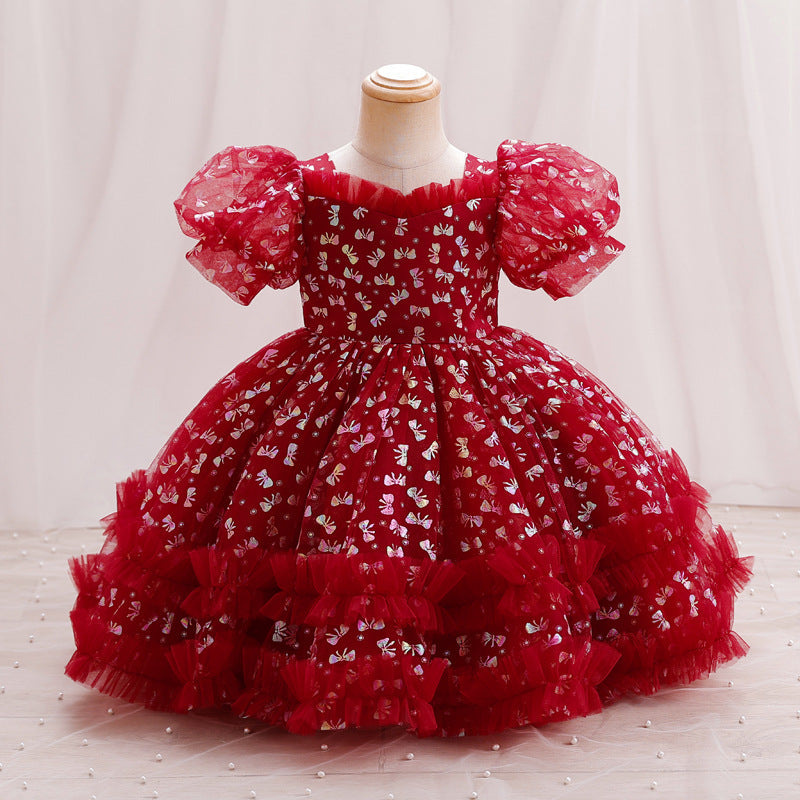 Sequin Floral Tulle Princess Dress for Girls – Party & Flower Girl Gown 2025