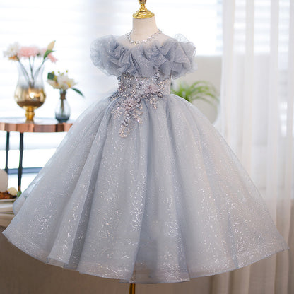 Silver Maxi Princess Dress for Girls with Flowers | Party & Wedding Gown