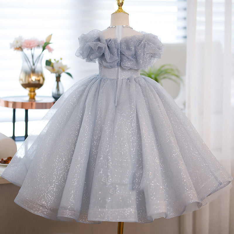 Silver Maxi Princess Dress for Girls with Flowers | Party & Wedding Gown