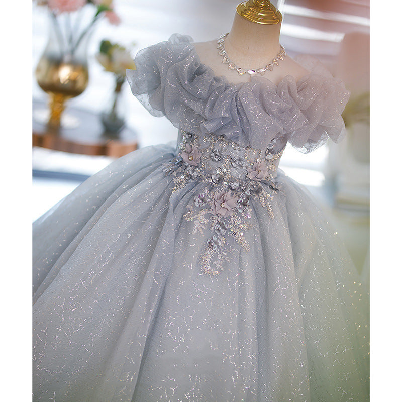 Silver Maxi Princess Dress for Girls with Flowers | Party & Wedding Gown