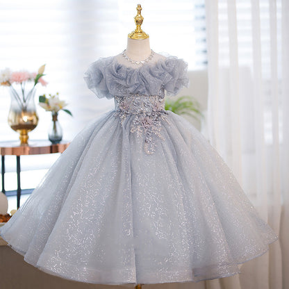 Silver Maxi Princess Dress for Girls with Flowers | Party & Wedding Gown