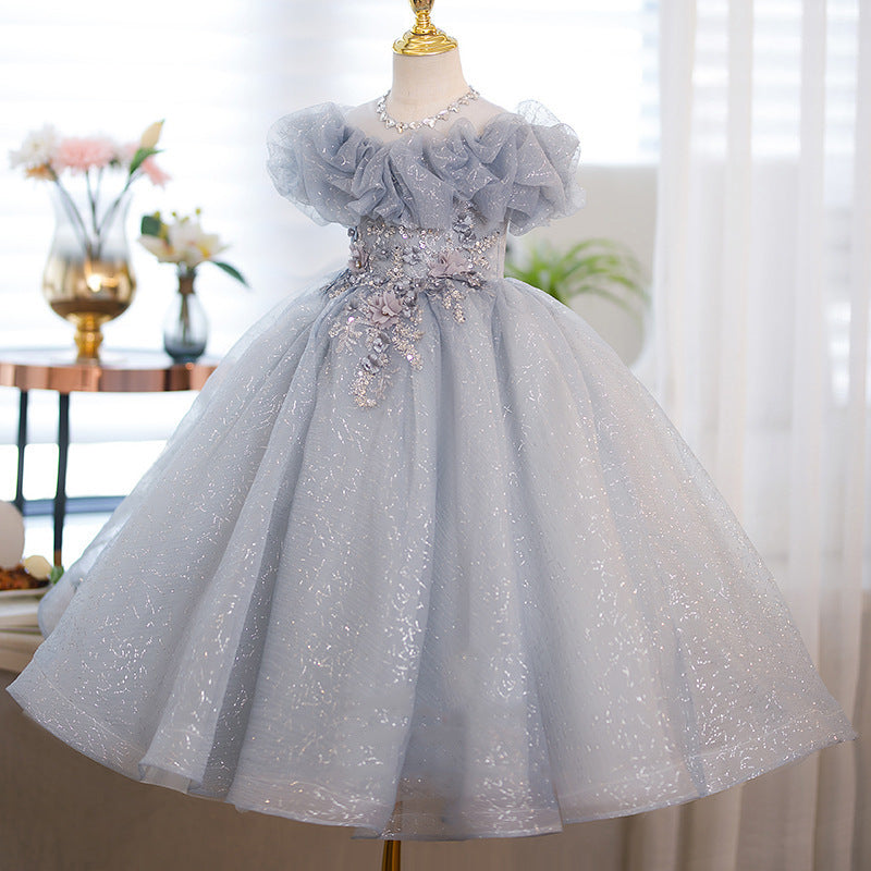 Silver Maxi Princess Dress for Girls with Flowers | Party & Wedding Gown