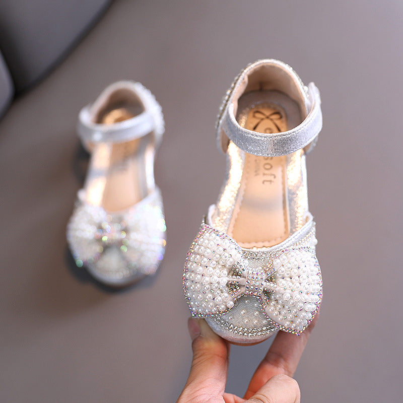 Sparkly Girls' Closed-Toe Dress Shoes with Pearl Bow | Party & Flower Girl Sandals
