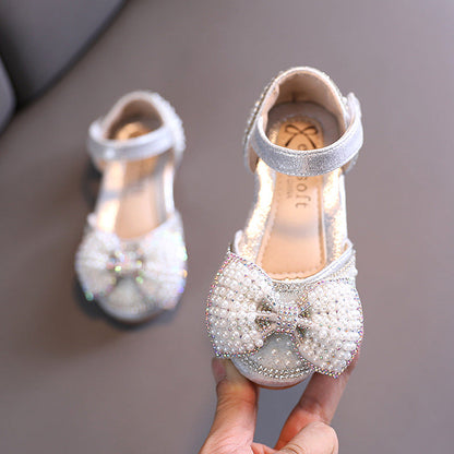 Sparkly Girls' Closed-Toe Dress Shoes with Pearl Bow | Party & Flower Girl Sandals