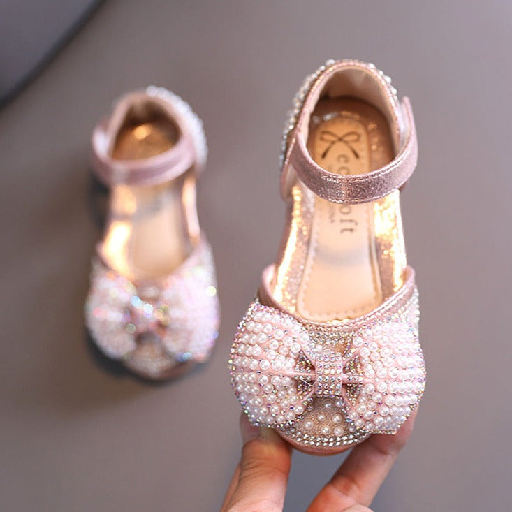 Sparkly Girls' Closed-Toe Dress Shoes with Pearl Bow | Party & Flower Girl Sandals