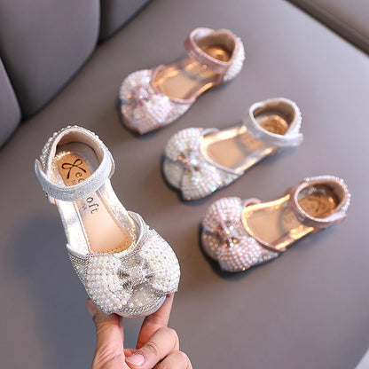 Sparkly Girls' Closed-Toe Dress Shoes with Pearl Bow | Party & Flower Girl Sandals