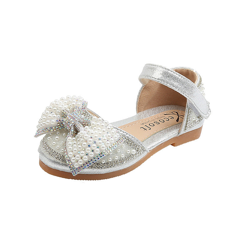 Sparkly Girls' Closed-Toe Dress Shoes with Pearl Bow | Party & Flower Girl Sandals