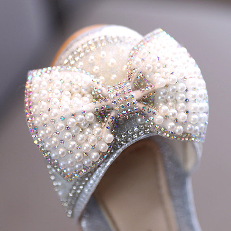 Sparkly Girls' Closed-Toe Dress Shoes with Pearl Bow | Party & Flower Girl Sandals