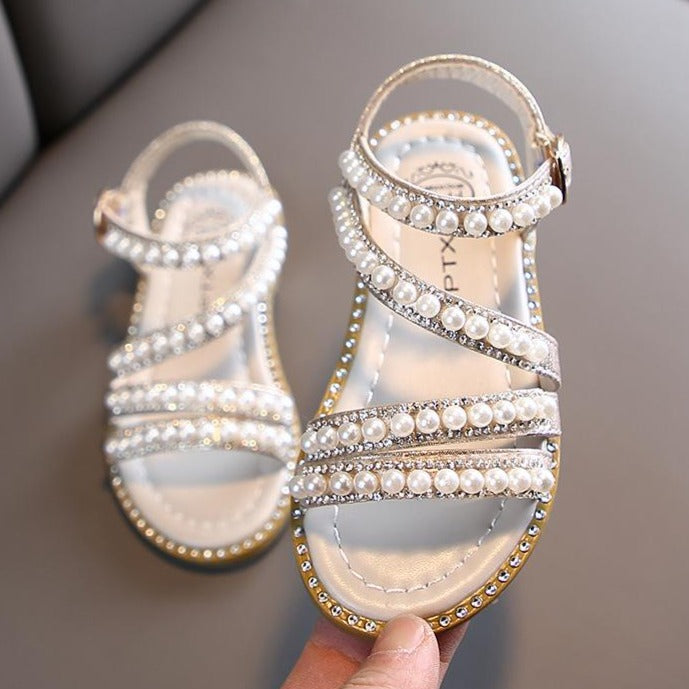 Girls' Glitter Dress Sandals – Open-Toe Party Shoes with Pearls & Rhinestones