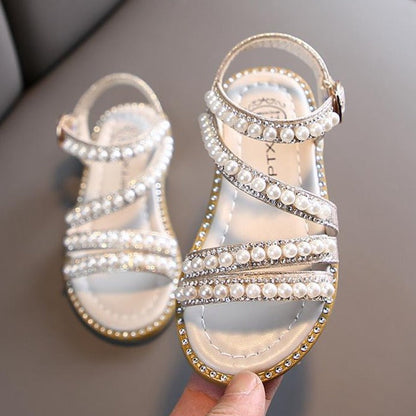 Girls' Glitter Dress Sandals – Open-Toe Party Shoes with Pearls & Rhinestones