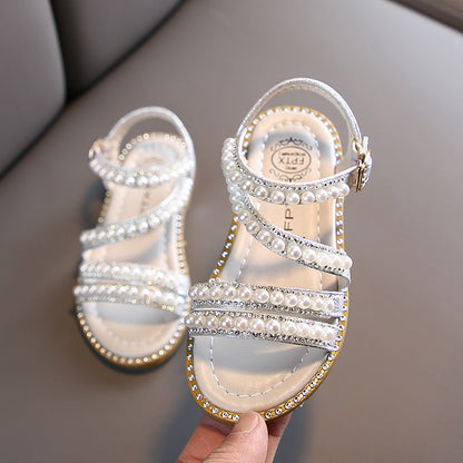 Girls' Glitter Dress Sandals – Open-Toe Party Shoes with Pearls & Rhinestones