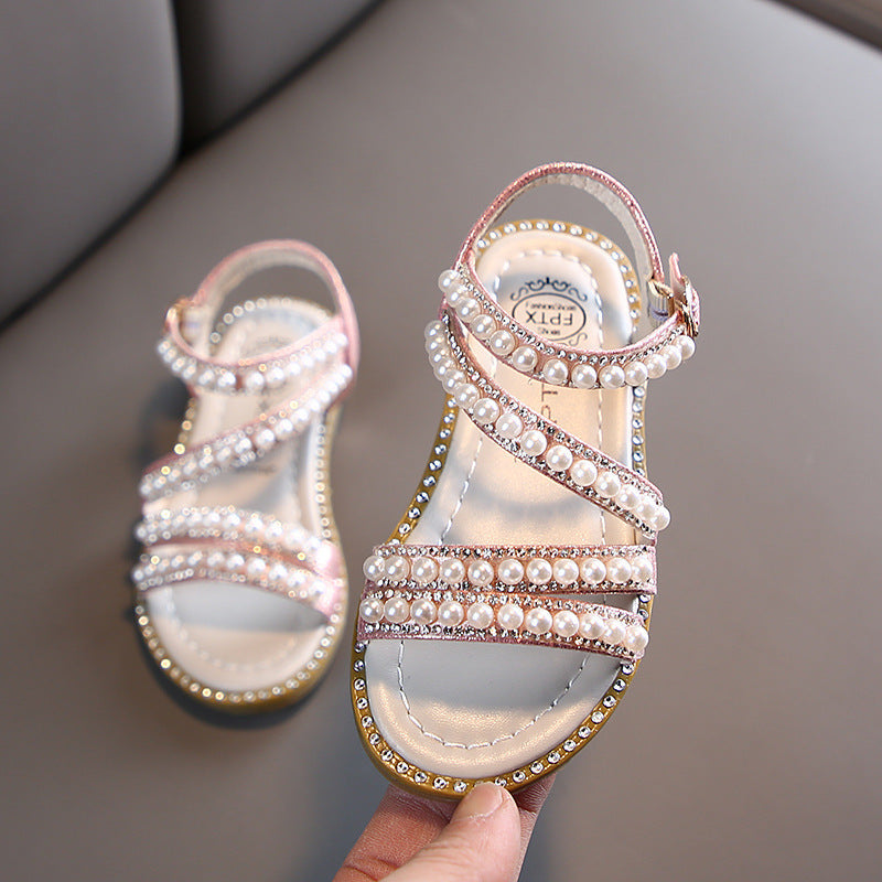 Girls' Glitter Dress Sandals – Open-Toe Party Shoes with Pearls & Rhinestones