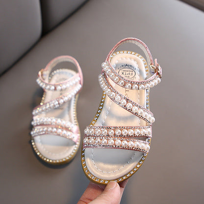 Girls' Glitter Dress Sandals – Open-Toe Party Shoes with Pearls & Rhinestones
